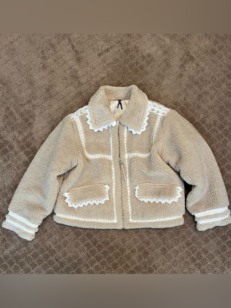 Anthropologie Taupe Teddy Jacket With White Lace Trim